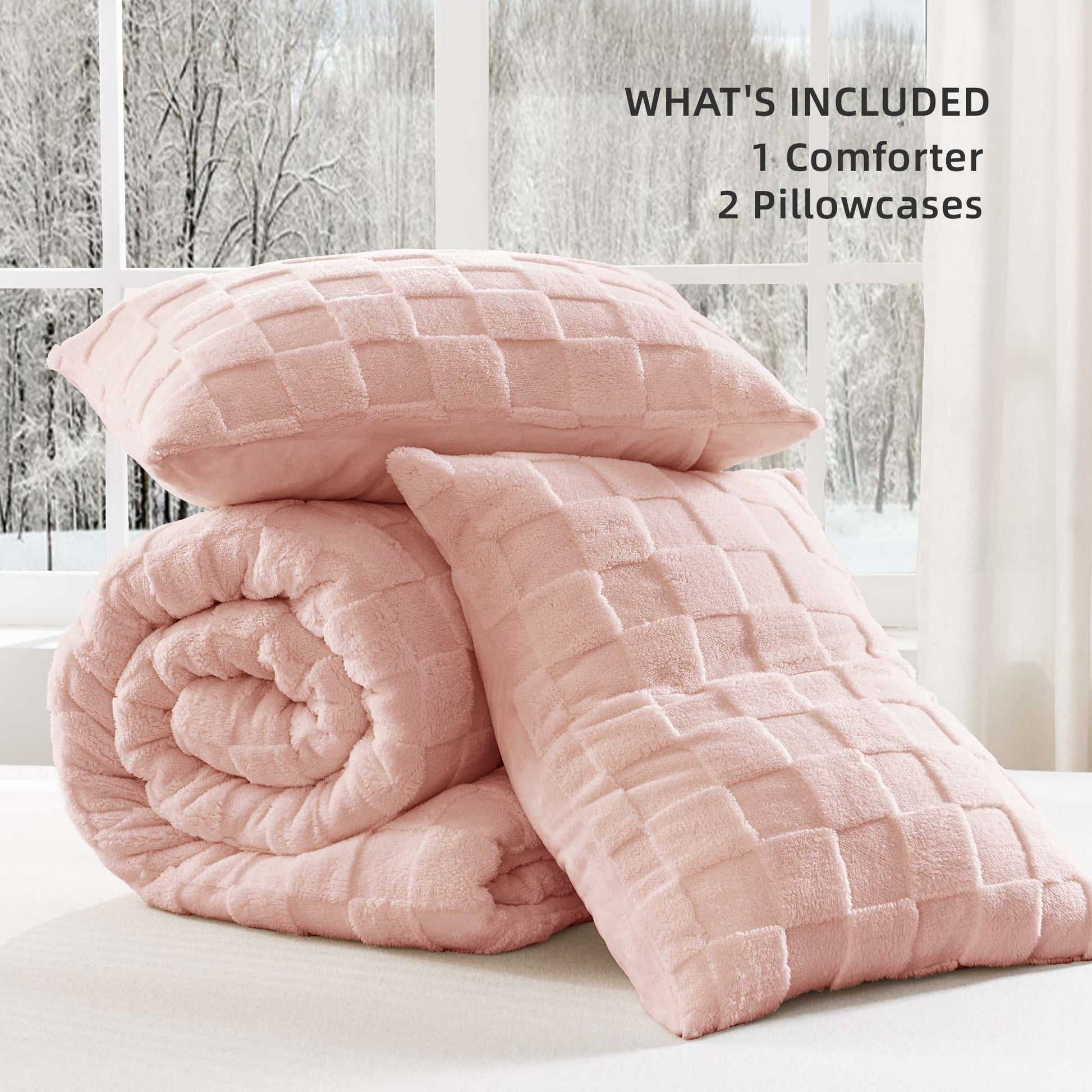 Winter Fluffy Warm Sherpa Fleece Checkered Plush Fuzzy 3 Pieces Comforter Set - LITANIKA