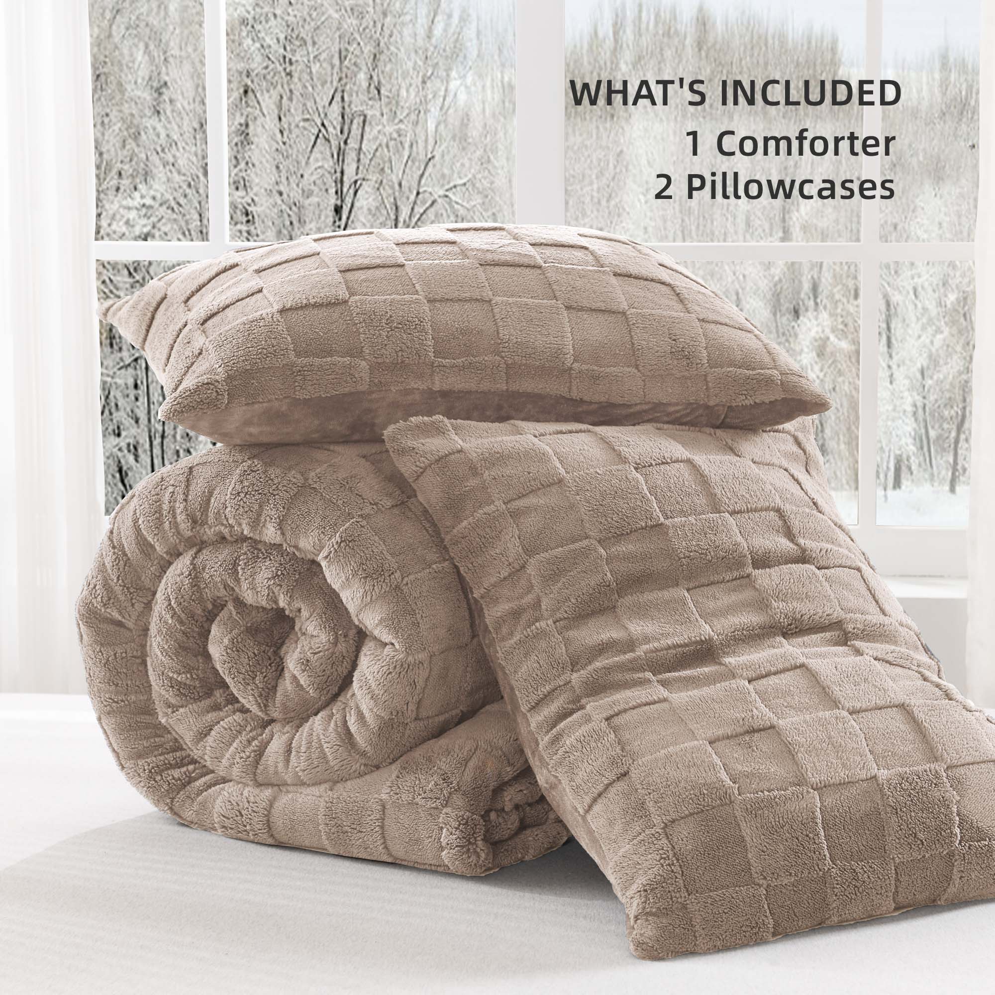 Winter Fluffy Warm Sherpa Fleece Checkered Plush Fuzzy 3 Pieces Comforter Set - LITANIKA