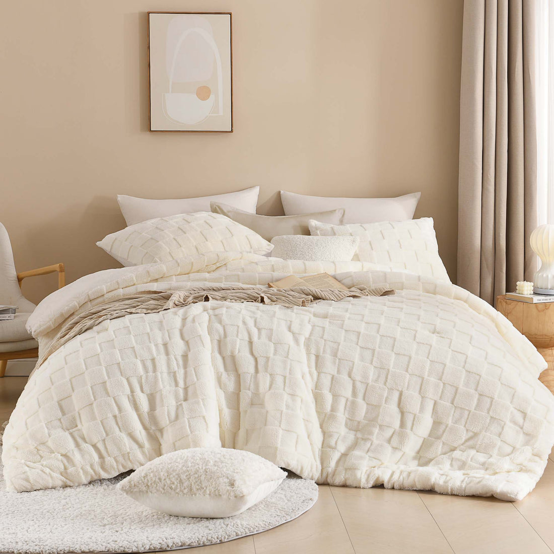 Winter Fluffy Warm Sherpa Fleece Checkered Plush Fuzzy 3 Pieces Comforter Set - LITANIKA