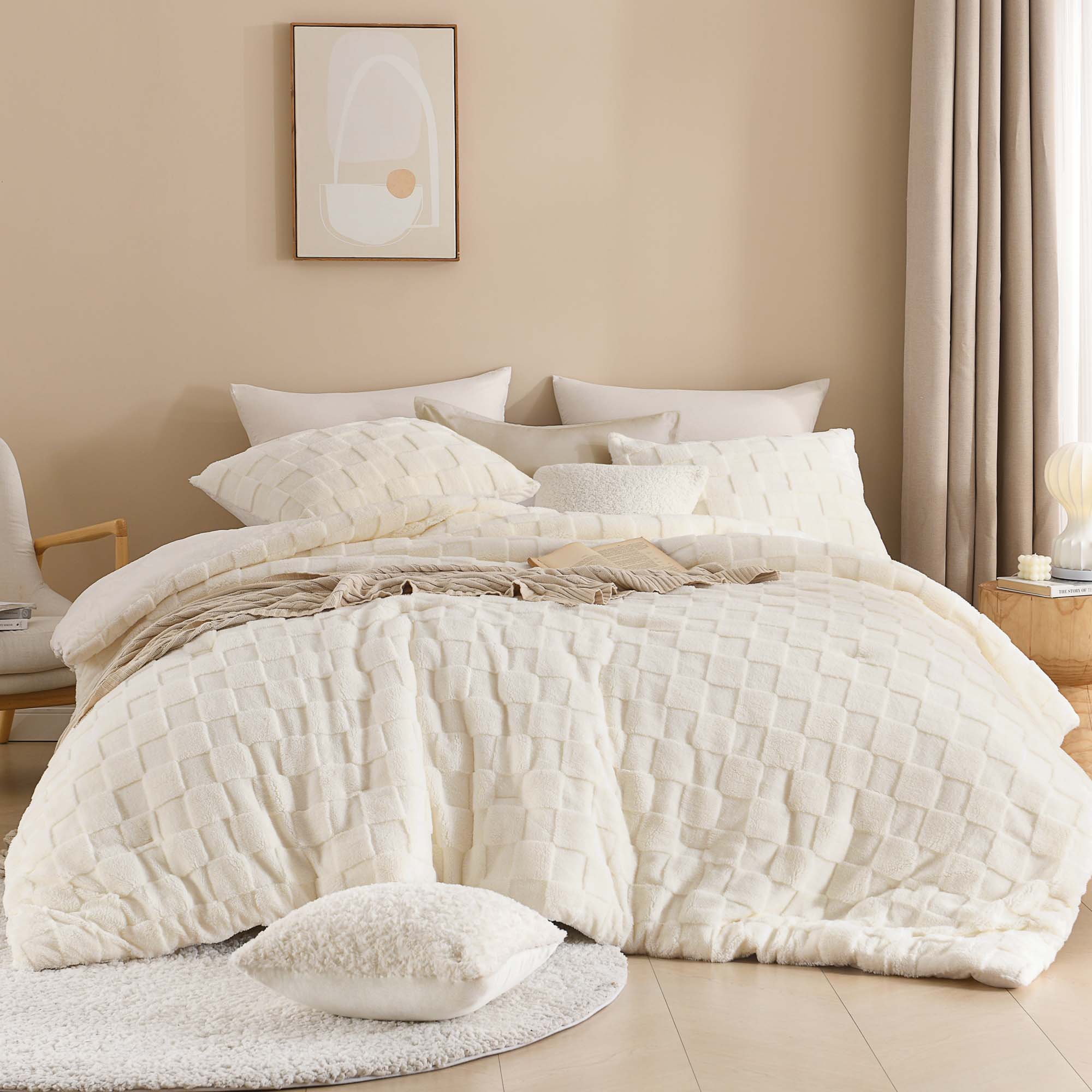 Winter Fluffy Warm Sherpa Fleece Checkered Plush Fuzzy 3 Pieces Comforter Set - LITANIKA