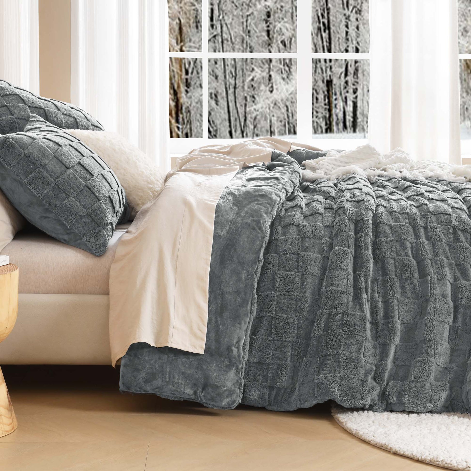 Winter Fluffy Warm Sherpa Fleece Checkered Plush Fuzzy 3 Pieces Comforter Set - LITANIKA