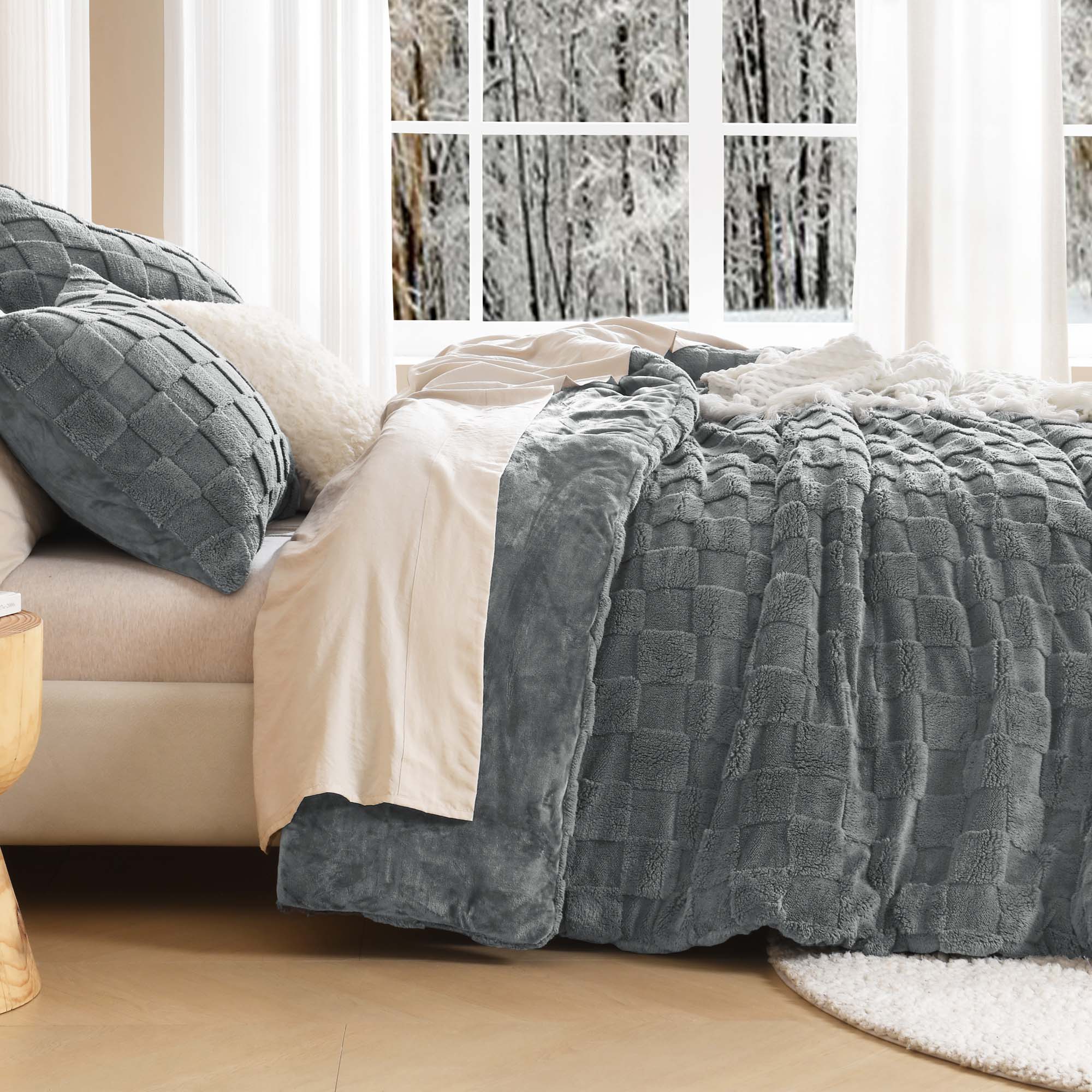 Winter Fluffy Warm Sherpa Fleece Checkered Plush Fuzzy 3 Pieces Comforter Set - LITANIKA