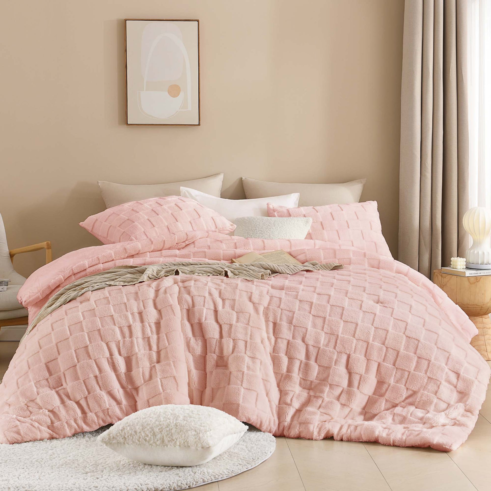 Winter Fluffy Warm Sherpa Fleece Checkered Plush Fuzzy 3 Pieces Comforter Set - LITANIKA