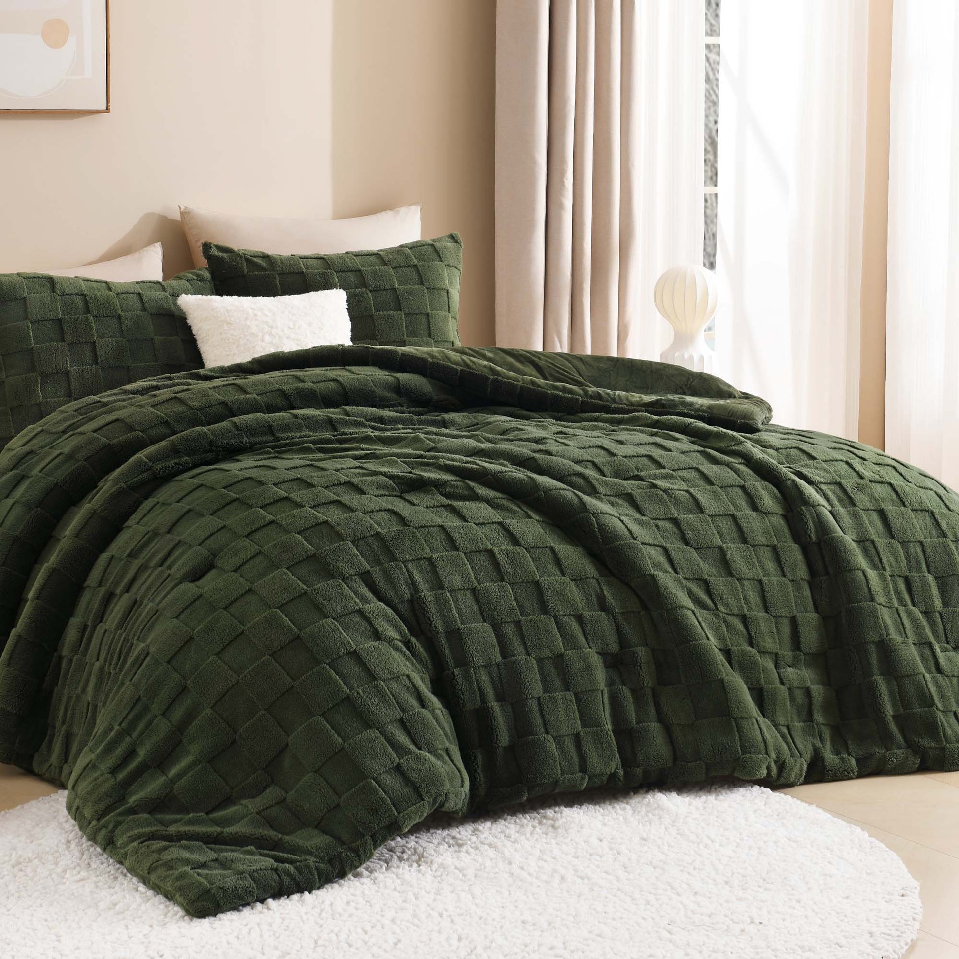 Winter Fluffy Warm Sherpa Fleece Checkered Plush Fuzzy 3 Pieces Comforter Set - LITANIKA