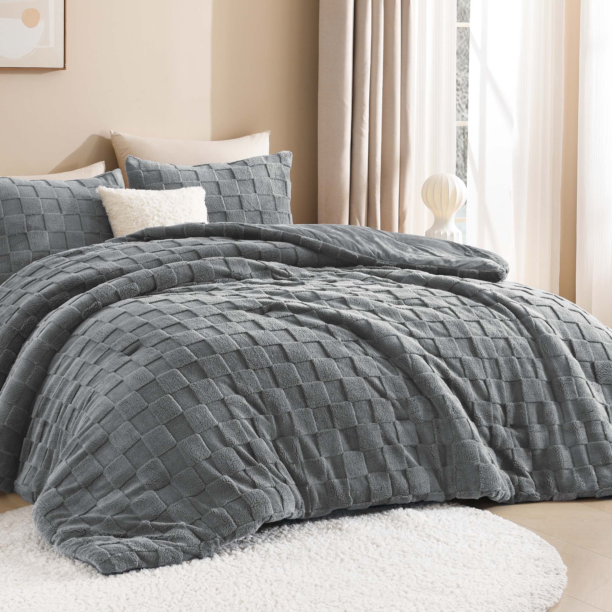 Winter Fluffy Warm Sherpa Fleece Checkered Plush Fuzzy 3 Pieces Comforter Set - LITANIKA