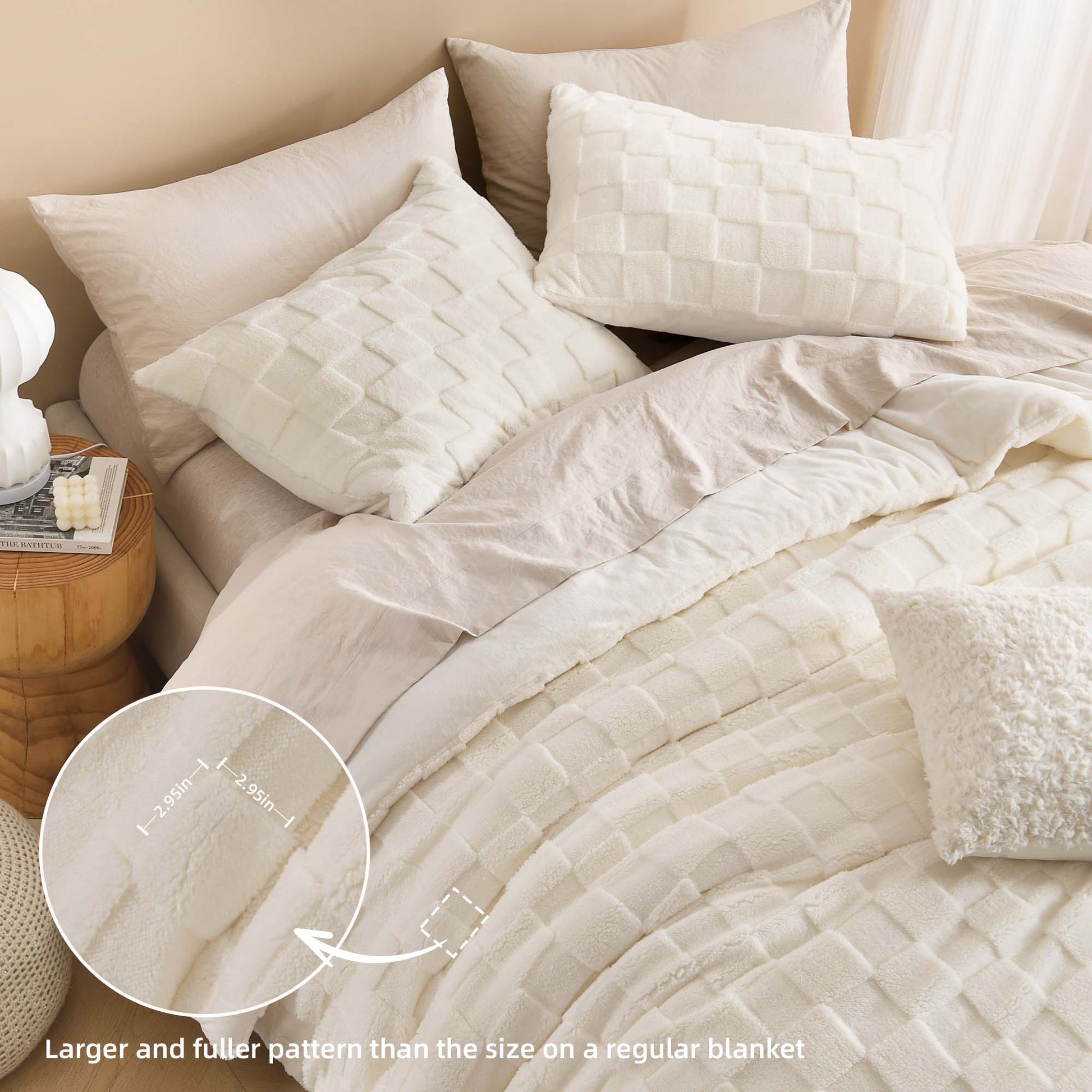 Winter Fluffy Warm Sherpa Fleece Checkered Plush Fuzzy 3 Pieces Comforter Set - LITANIKA