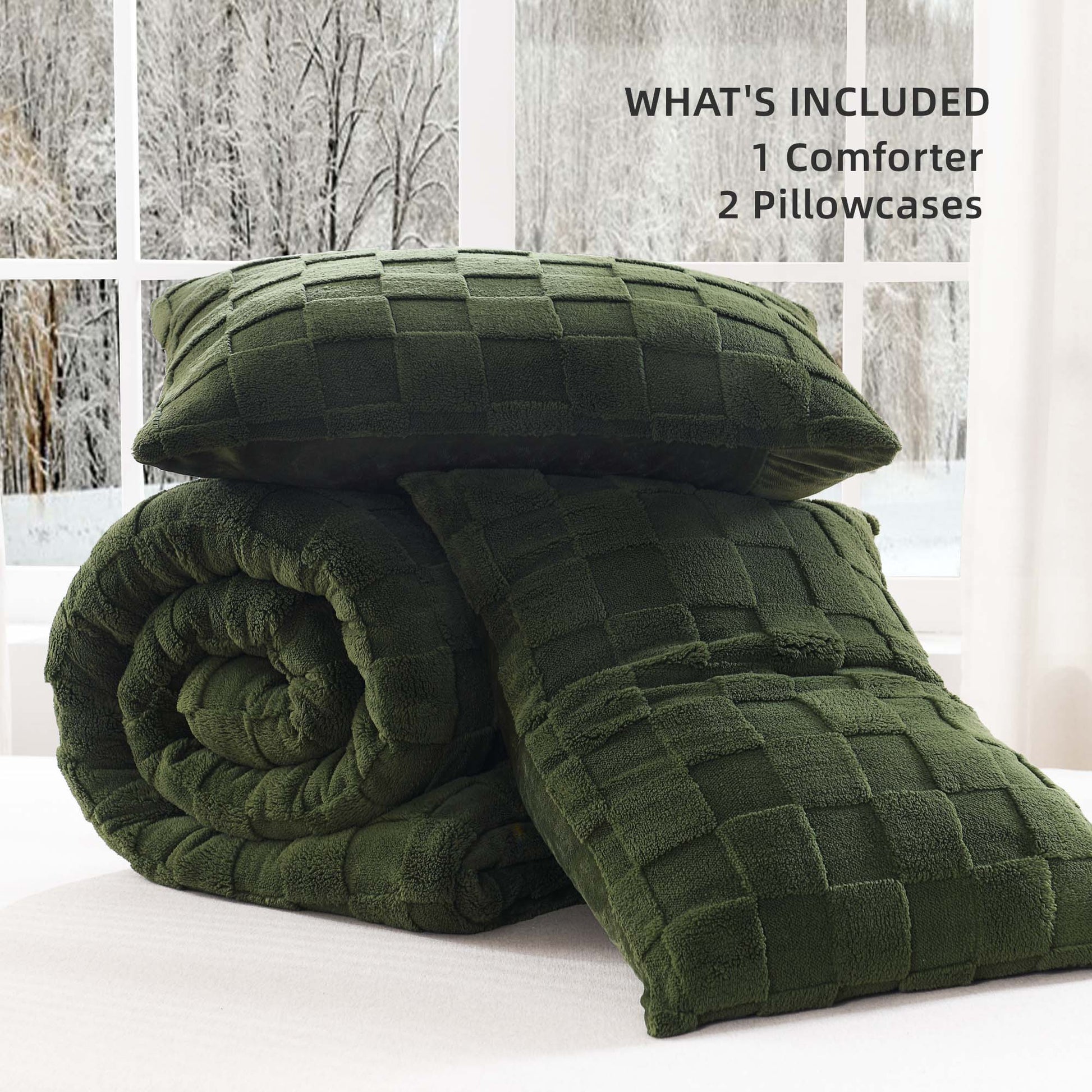 Winter Fluffy Warm Sherpa Fleece Checkered Plush Fuzzy 3 Pieces Comforter Set - LITANIKA
