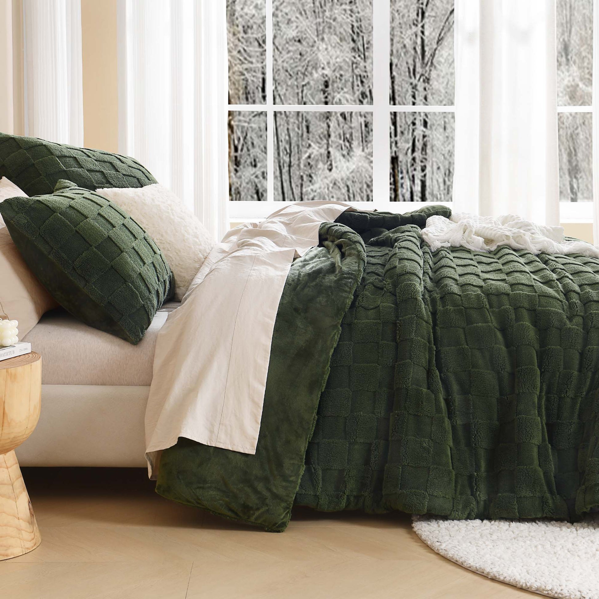 Winter Fluffy Warm Sherpa Fleece Checkered Plush Fuzzy 3 Pieces Comforter Set - LITANIKA