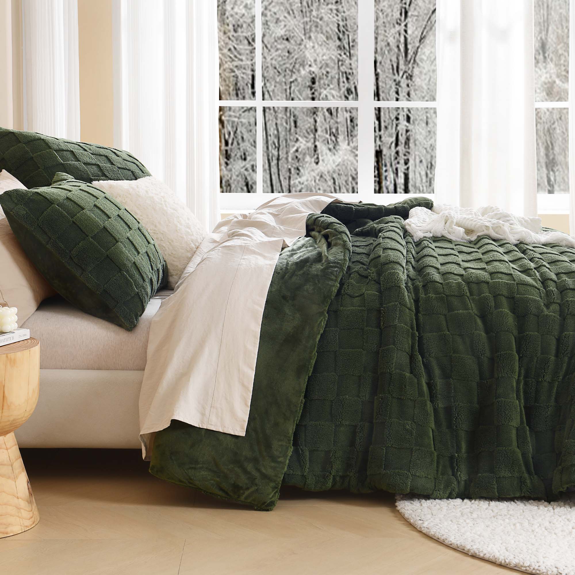 Winter Fluffy Warm Sherpa Fleece Checkered Plush Fuzzy 3 Pieces Comforter Set - LITANIKA