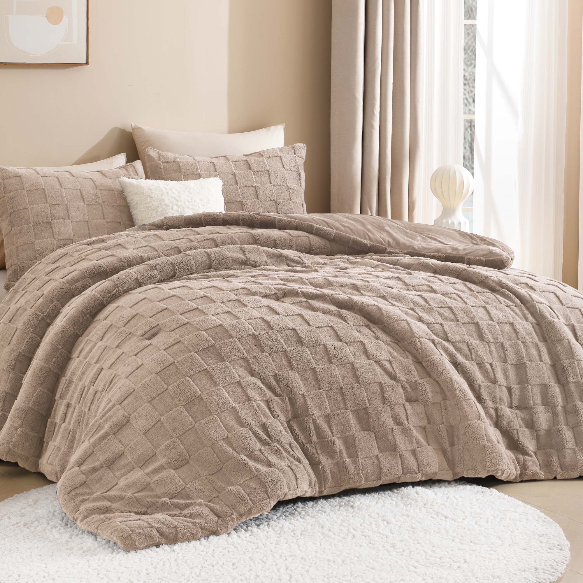 Winter Fluffy Warm Sherpa Fleece Checkered Plush Fuzzy 3 Pieces Comforter Set - LITANIKA