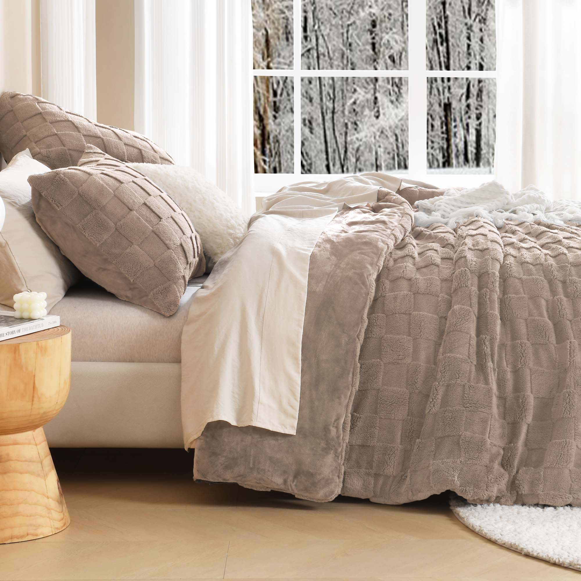 Winter Fluffy Warm Sherpa Fleece Checkered Plush Fuzzy 3 Pieces Comforter Set - LITANIKA
