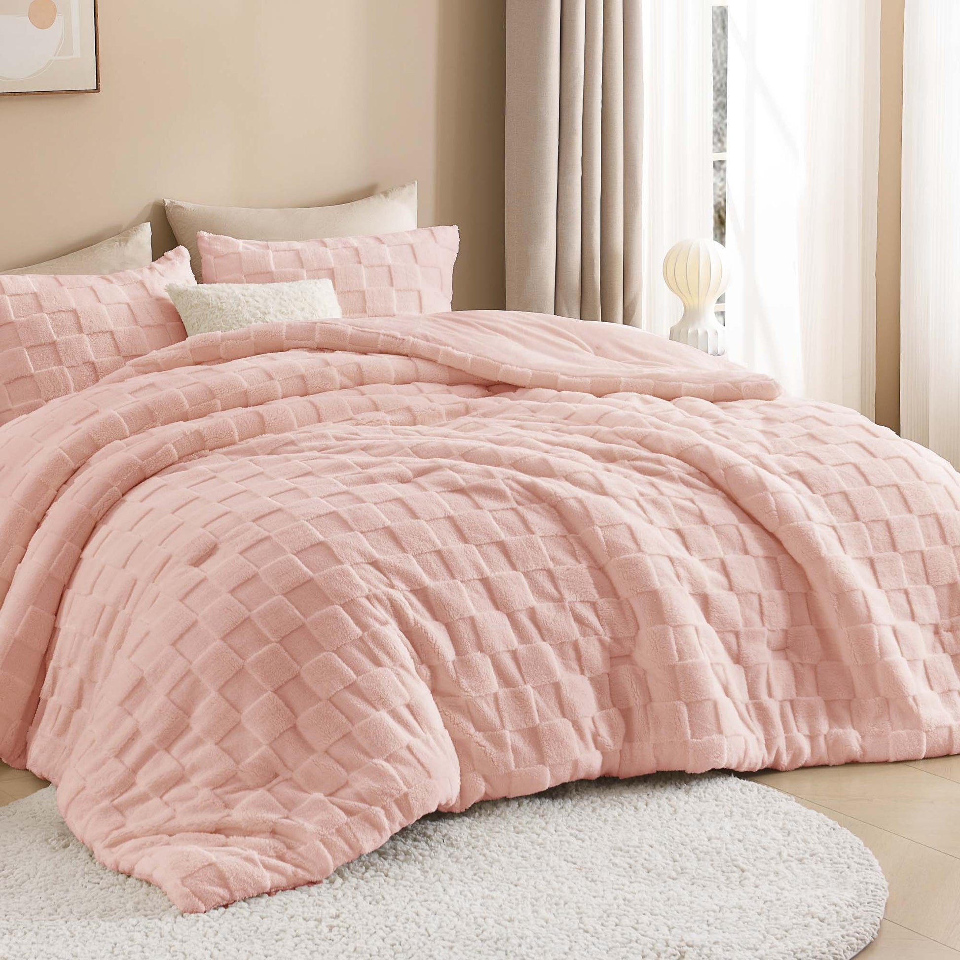 Winter Fluffy Warm Sherpa Fleece Checkered Plush Fuzzy 3 Pieces Comforter Set - LITANIKA