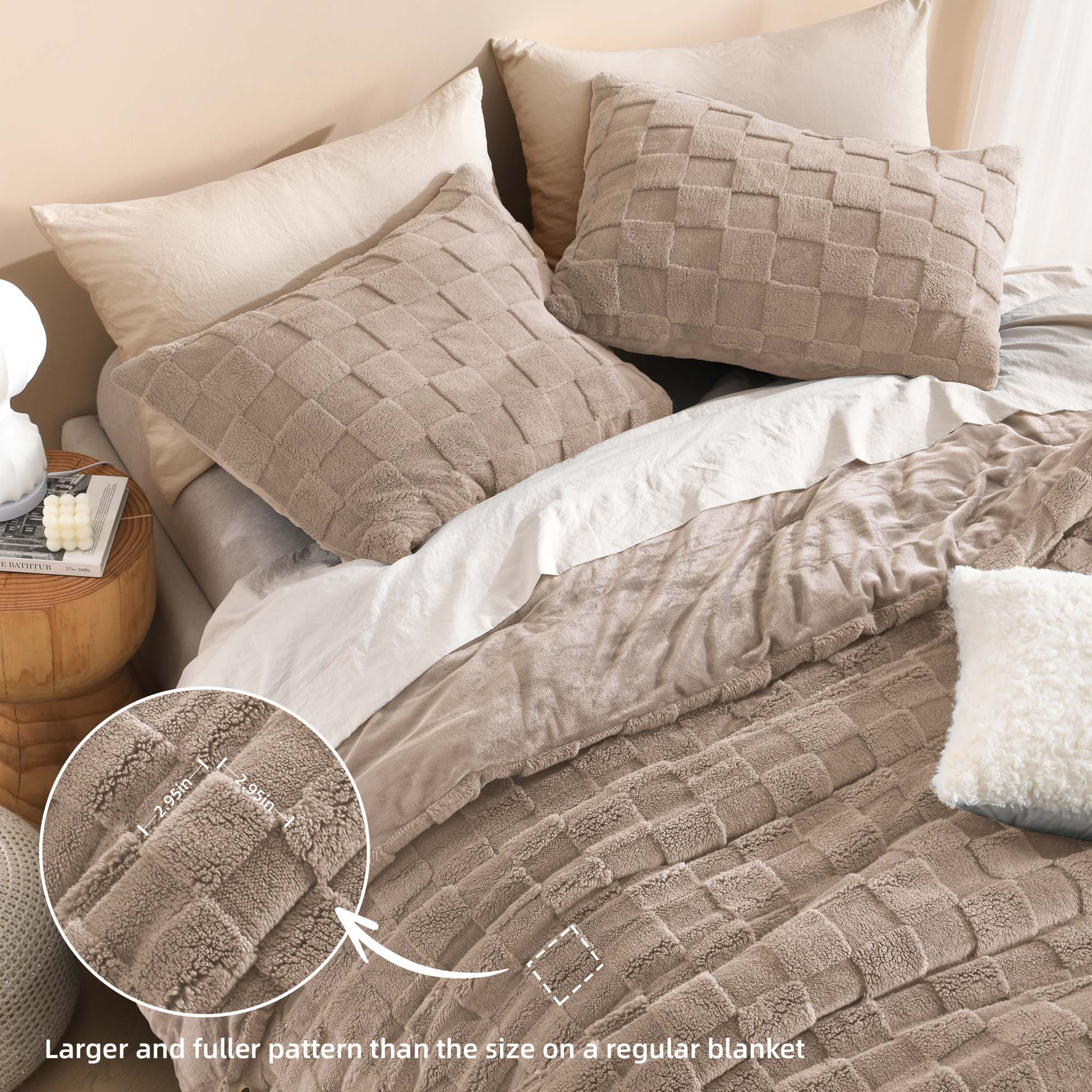 Winter Fluffy Warm Sherpa Fleece Checkered Plush Fuzzy 3 Pieces Comforter Set - LITANIKA