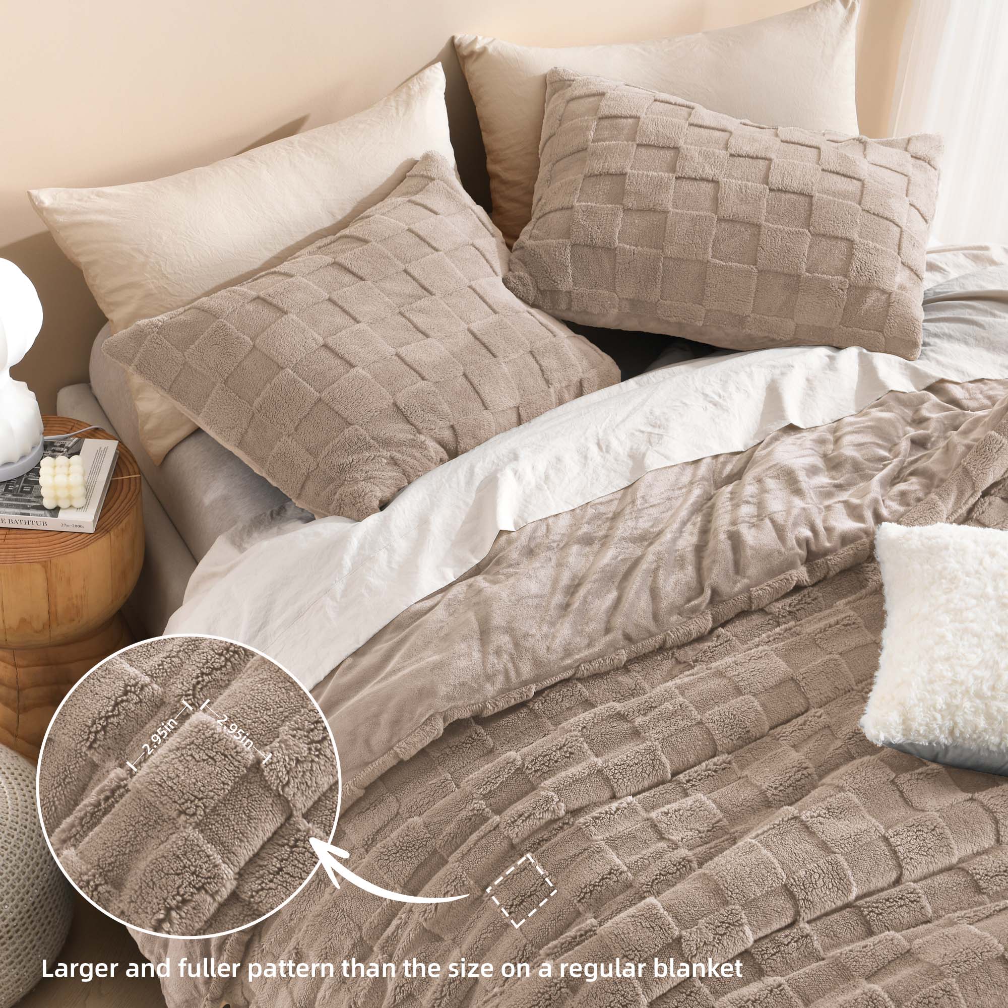 Winter Fluffy Warm Sherpa Fleece Checkered Plush Fuzzy 3 Pieces Comforter Set - LITANIKA