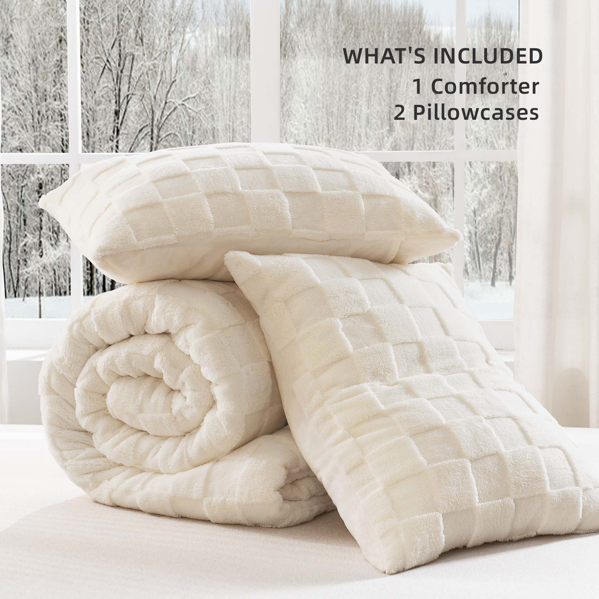 Winter Fluffy Warm Sherpa Fleece Checkered Plush Fuzzy 3 Pieces Comforter Set - LITANIKA
