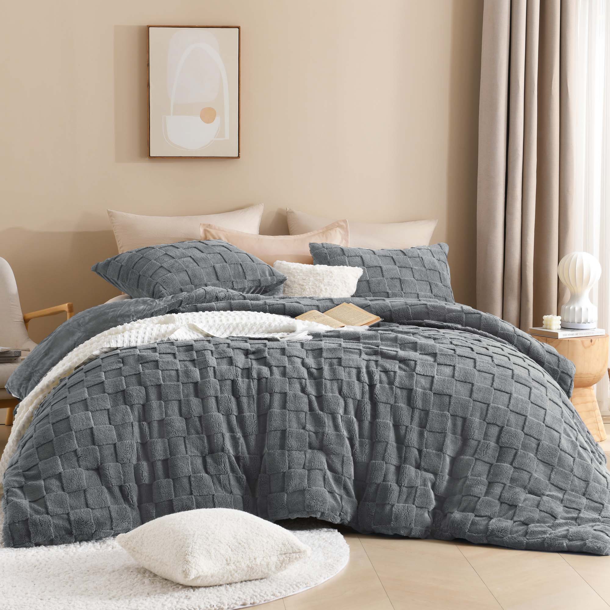 Winter Fluffy Warm Sherpa Fleece Checkered Plush Fuzzy 3 Pieces Comforter Set - LITANIKA