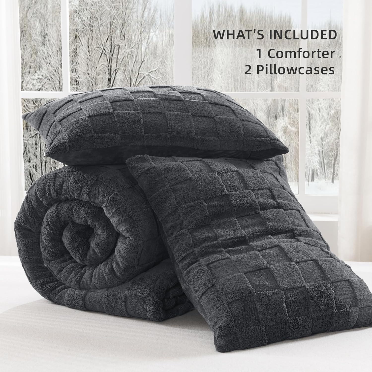 Litanika Sherpa fleece checkered comforter set with plush, fuzzy, warm bedding in winter style, includes 3-piece bedding set.